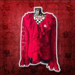 Valentine's Day 80s New Romantic Anage Red Sequin Ruffled Long Sleeve Blouse